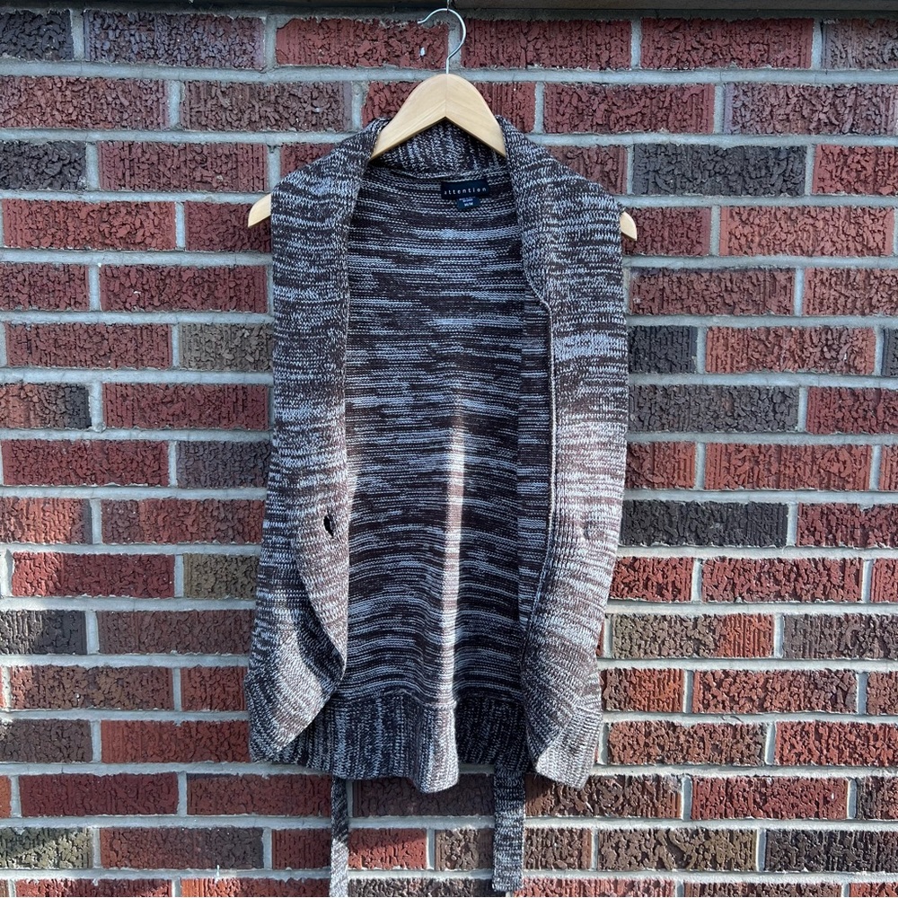Attention Brown and Cream Sweater Button Front Sleeveless Sweater Vest